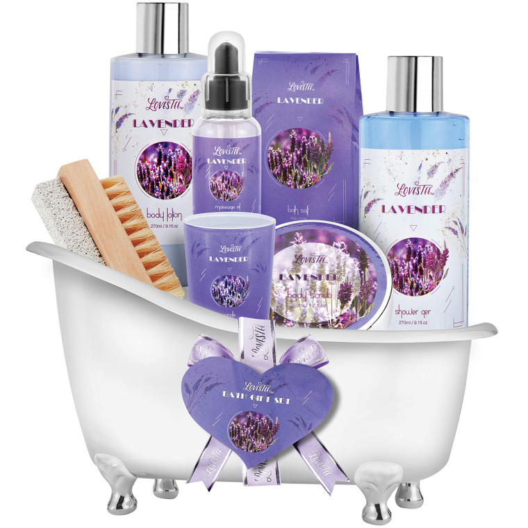 Christmas Gifts, Relaxing Lavender Spa Gift Baskets for Wome Birthday, Bath and Body Set-Kit Includes Candle, Essential Oil, Body Scrub, Bath Salt, B