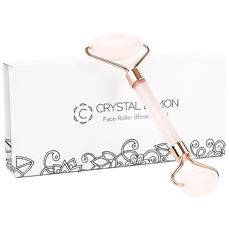C CRYSTAL LEMON Rose Quartz Facial Roller for Face and Neck, Dual-End Natural Stone Face Roller, Cooling Massage Tool for Puffiness Appearance, Smoot
