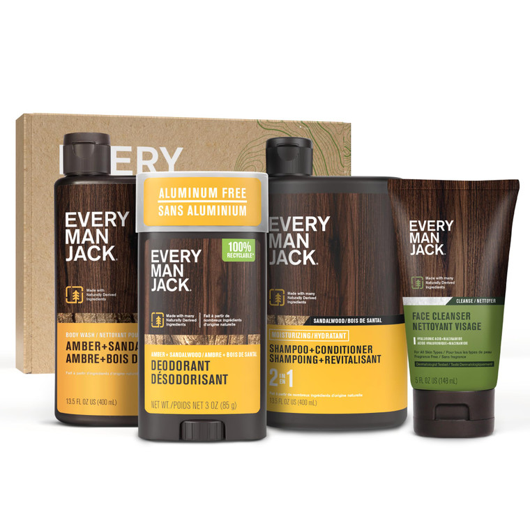 Every Man Jack Men's Bath and Body Gift Set - Amber + Sandalwood Scent - Clean Ingredients - Includes Hydrating Body Wash, 2-in-1 Shampoo, Aluminum-f