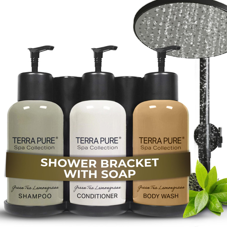 Terra Pure Spa Collection | Wall-Mounted No-Drill Hotel Amenities Dispenser | 10.14oz Bottles | Tamper-Proof Locking Bracket | 1 Bracket with Shampoo