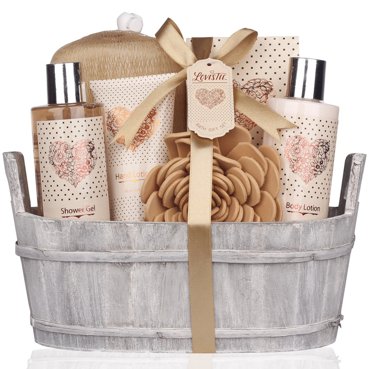 Spa Gift Basket  Bath and Body Set with Vanilla Fragrance by Lovestee - Gift Basket Includes Shower Gel, Body Lotion, Hand Lotion, Bath Salt, Eva Sp