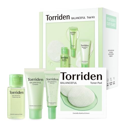 Torriden BALANCEFUL Cica Trial Kit, 5D Cica Infused Daily Skincare Kit - 4 Step Regimen with Cleansing Gel, Toner Pad, Serum, and Cream | Travel Esse
