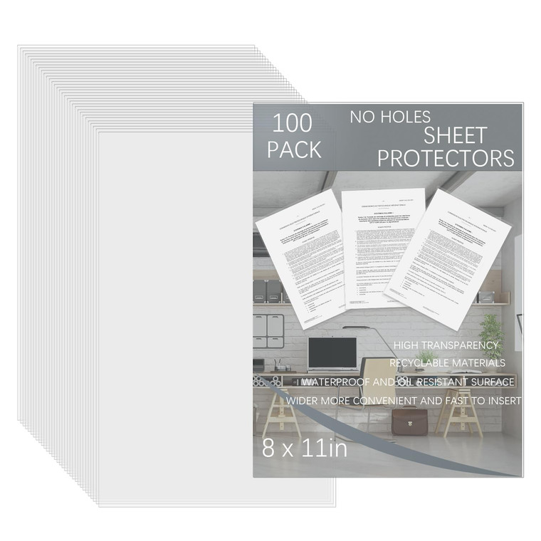 VIEKIER 100 Pack No Holes Sheet Protectors 8"" x 11.8"" Clear Plastic Sheet Sleeves Page Protectors Page Sleeves Top Loading Paper Protector for Docu