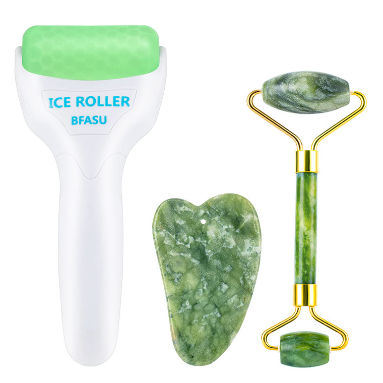 BFASU Facial Roller Set of 3, Ice Roller, Two-Sided Jade Roller and Gua Sha Massage Tool, Rolling Tool for Facial Beauty and Body Massage, Helps Redu