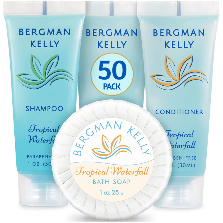BERGMAN KELLY Round Hotel Soap Bars, Shampoo & Conditioner 3-Piece Set (1 oz each, 150 pc total, Tropical Waterfall), Delight Your Guests with Refres