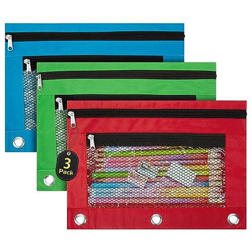 IKAYAS 3 Pack Pencil Pouch for 3 Ring Binder with Zipper, Pencil Pouch Bags for Classroom, Storing School Students Teacher Supplies, Red Green Blue