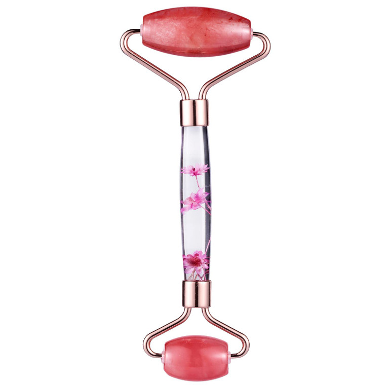 mookaitedecor Cherry Quartz Double Roller Face Massager for Women, Crystal Facial Skin Care Tool for Eye, Neck & Face Anti-Aging Treatment Therapy