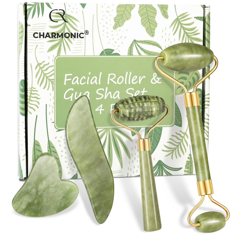4-pcs Jade Roller & Gua Sha Set, Facial Roller Massager with Gua Sha Scraping Tool, Jade Stone Massager for Anti-aging, Slimming & Firming, Rejuvenat