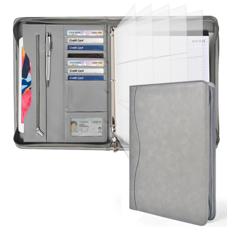 Deziliao 3-Ring Padfolio Portfolio Binder, Document Organizer Folio, 10.4 Inch PU Leather Business Portfolio with Zipper, Business Planner Organizer