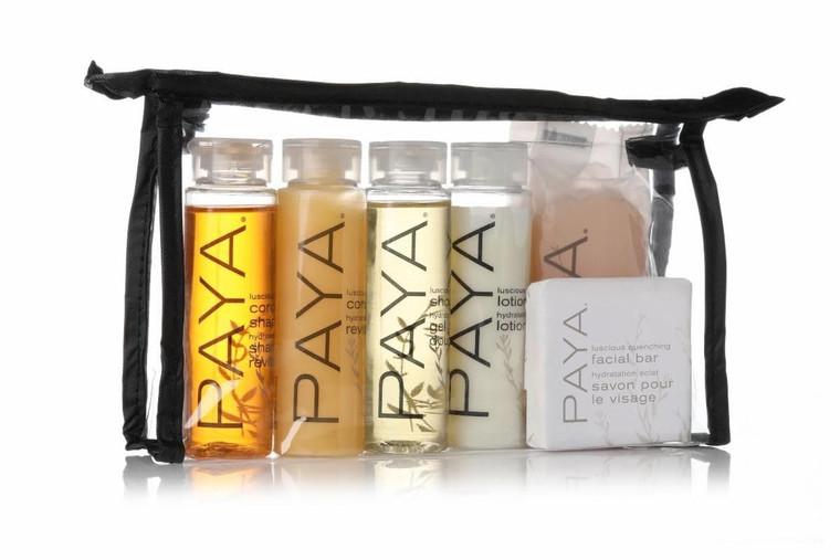 Paya Organics Toiletry Travel Set - Shampoo, Hair Conditioner, Shower Gel, 2 Facial Soap & Tote Bag