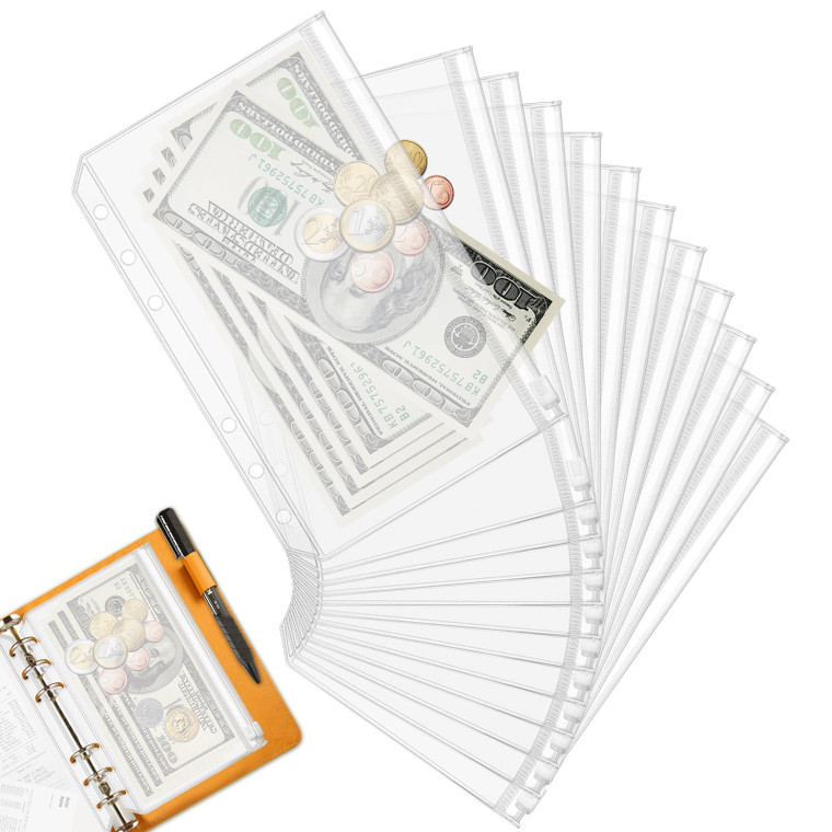 12PCS A6 Binder Pockets,6 Holes Cash Envelopes for Budgeting,Zipper Cash Stuffing Envelopes A6 Binder Planner Inserts Pouch,Clear PVC Loose Leaf Fill