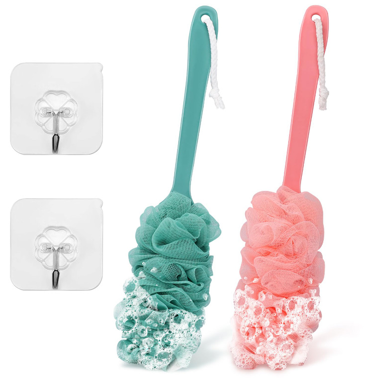 2Pack Back Scrubber for Shower Loofah with Long Handle, Shower Brush for Body, 17? Loofah on a Stick for Men Women Bathing Accessories, Scrubber Spon