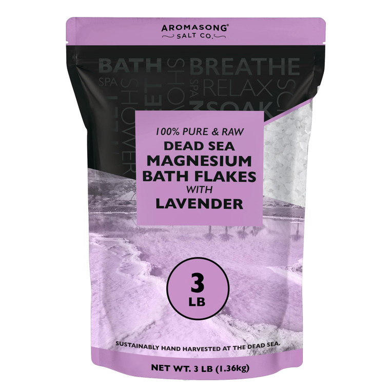 Aromasong RAW Magnesium Bath Flakes with 100% Natural Lavender, 3 LB Muscle Relaxing Organic Salts Mg Chloride, Mineral Soak. (Packaging May Vary)