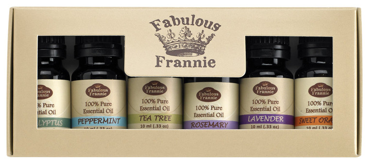 Fabulous Freannie Essential Oil Box Gift Set 100% Pure Grade Peppermint, Lavender, Sweet Orange, Rosemary, Eucalyptus and Tea Tree .33oz (Pack of 6)