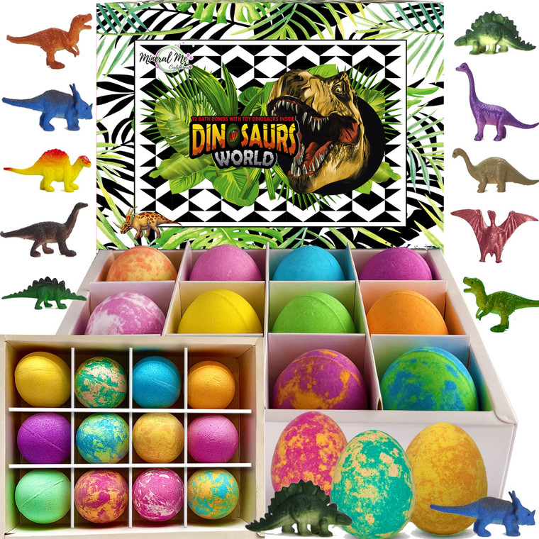 Bath Bombs for Kids with Surprise Inside - 12 Dinosaur Bath Bombs with Toys, Organic Colorful Bubble Bath Fizzies, Dino Egg Bath Bomb w/Rich Bubbles,