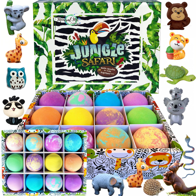 Bath Bombs for Kids with Surprise Inside, 12 Bubble Bath Fizzies with Jungle Animal Toys. Moisturizing, Gentle & Kids Safe, Rainbow Spa Bath Fizz, Bi