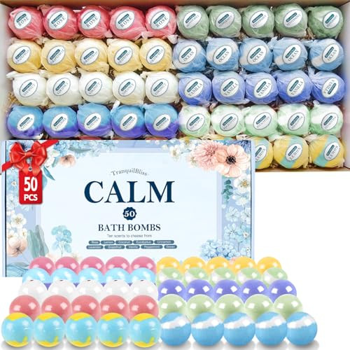TranquilBliss Bath Bombs Set 50 PCS with 10 Rich Scents, Bath Bombs for Women, Natural Bubble Bombs with Shea Butter & Safe Oil, Ideal for Valentine'