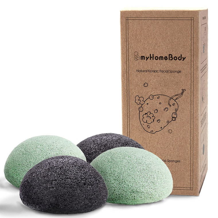 myHomeBody Natural Konjac Facial Sponges - for Gentle Face Cleansing and Exfoliation - with Activated Charcoal and Aloe Vera, Set of 4