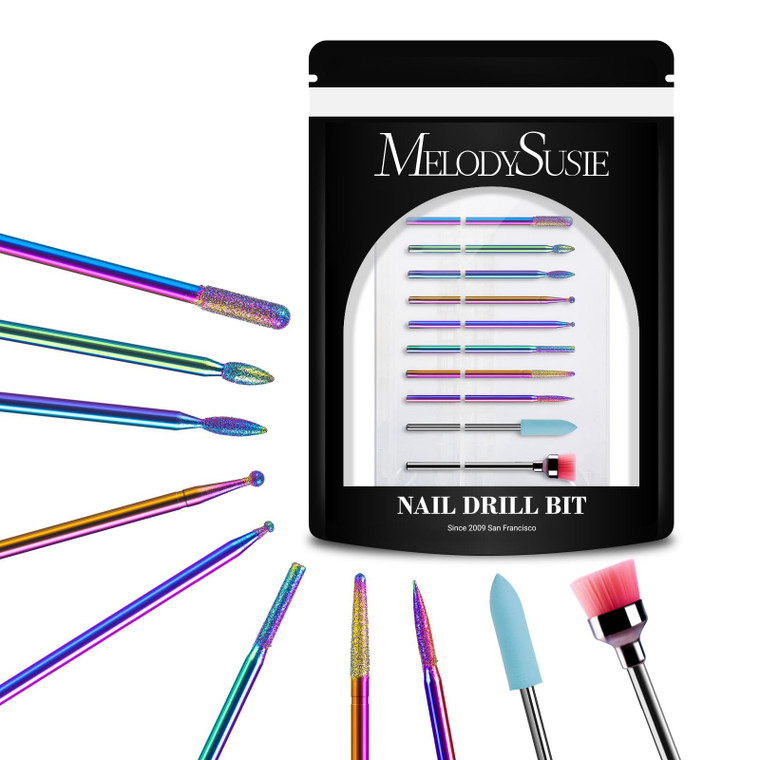 MelodySusie 10pcs Nail Drill Kit, 3/32 Inch Diamond Cuticle Bits, Manicure Pedicure Remover Tools, Salon Home Nail Care Supplies, Rainbow