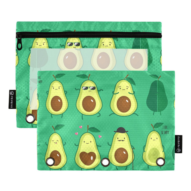 FFYHO Cute Avocado Big Pencil Pouches for Binders,Funny Pencil Cases with Clear Window,Fits 3-Ring Binder,3 Holes Binder Zipper Pouches Bag 2 Pack fo