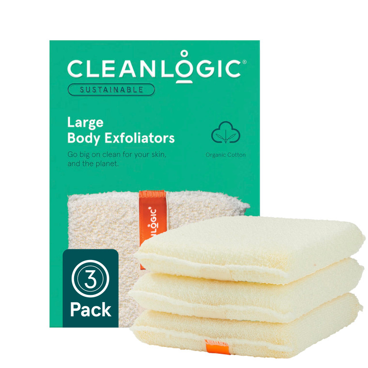 Cleanlogic Organic Cotton Exfoliating Body Scrubber, Reusable Exfoliator Tool for Smooth Skin, Daily Skincare Routine, Natural, 3 Ct Value Pack