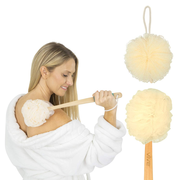 Vive 17 Shower Loofah with Long Handle - Exfoliating Back & Body Scrubber for Men & Women - Luffa Sponge on a Stick for Bathing, Cleaning - Includes