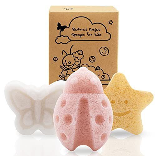 myHomeBody Konjac Baby Sponge for Bathing, Cute Shapes Natural Kids Bath loofah for Infants, Toddler, Newborns, Safe Plant-Based, 3pc. Set: Butterfly