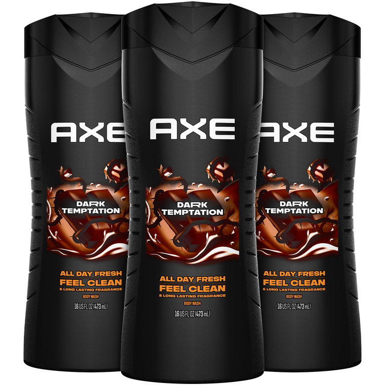 AXE Men's Body Wash, Dark Temptation, 3-Pack, 12H Refreshing Chocolate Scent, 16 Fl Oz Ea