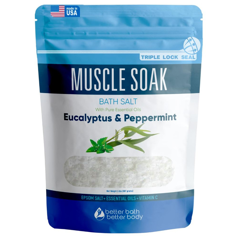 Muscle Soak Bath Salt 32 Ounces (2 Lbs) Epsom Salt with Natural Peppermint and Eucalyptus Essential Oils Plus Vitamin C in BPA Free Pouch with Easy P