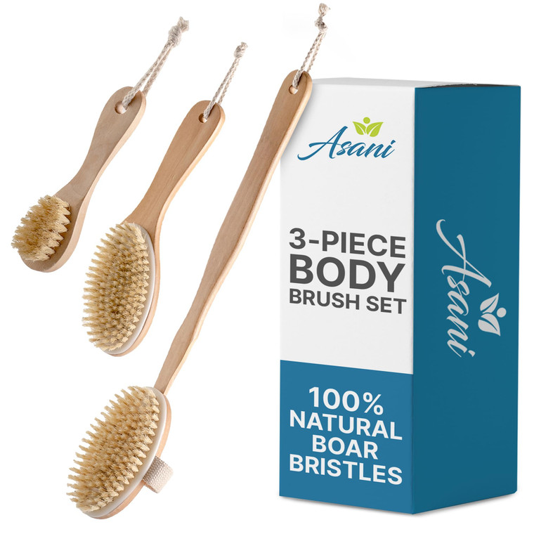 Asani Dry Brushing Body Brush Set for Lymphatic Drainage & Cellulite - 3-Pcs Detachable Back, Contour Body & Face Brushes Organic Gift for Dry Skin,