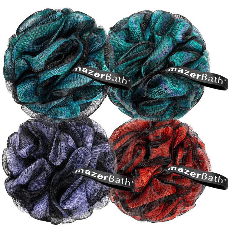 AmazerBath Charcoal Loofah Sponge, Large Shower Loofah 75g/PCS - Body Scrubber Loofa Set of 4 - Charcoal Blue, Green, Purple & Red, Bath Sponge for M