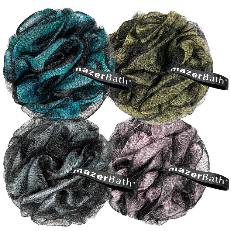 AmazerBath Charcoal Loofah Sponge, Large Shower Loofah 75g/PCS - Body Scrubber Loofa Set of 4 - Charcoal Blue, Gray, Pink & Army Green, Bath Sponge f