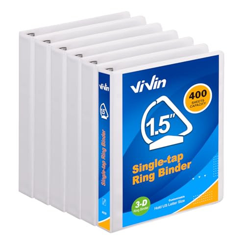 ViVin 1.5 Inch Slant-D View Binder, Single-Tap 3 Ring Binder 1.5", Fits 8.5" x 11" Paper, White,6 Pack