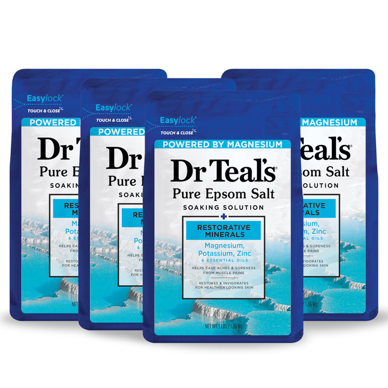 Dr Teal's Epsom Salt Magnesium Soak, Restorative Minerals with Magnesium, Potassium, Zinc & Essential Oils, 3 lbs (Pack of 4)