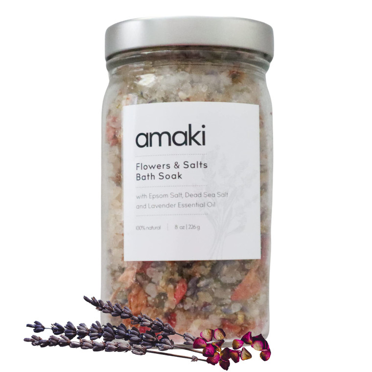 Amaki Herbal Bath Soak Blend of Epsom and Dead Sea Salt Infused with Lavender Essential Oil - for Stress Relief, Reduce Sore Muscle, Skin Soothing -