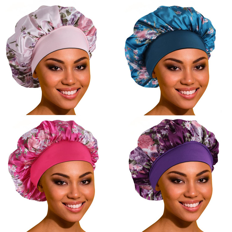 ROYBENS Satin Bonnet Hair Bonnet for Sleeping- 4 Pack Large Bonnets for Women with Elastic Soft Band for Curly Hair Braids