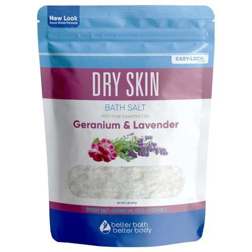 Dry Skin Bath Salt 32 Ounces (2 Lbs) Epsom Salt with Natural Geranium and Lavender Essential Oils Plus Vitamin C in BPA Free Pouch with Easy Press Lo
