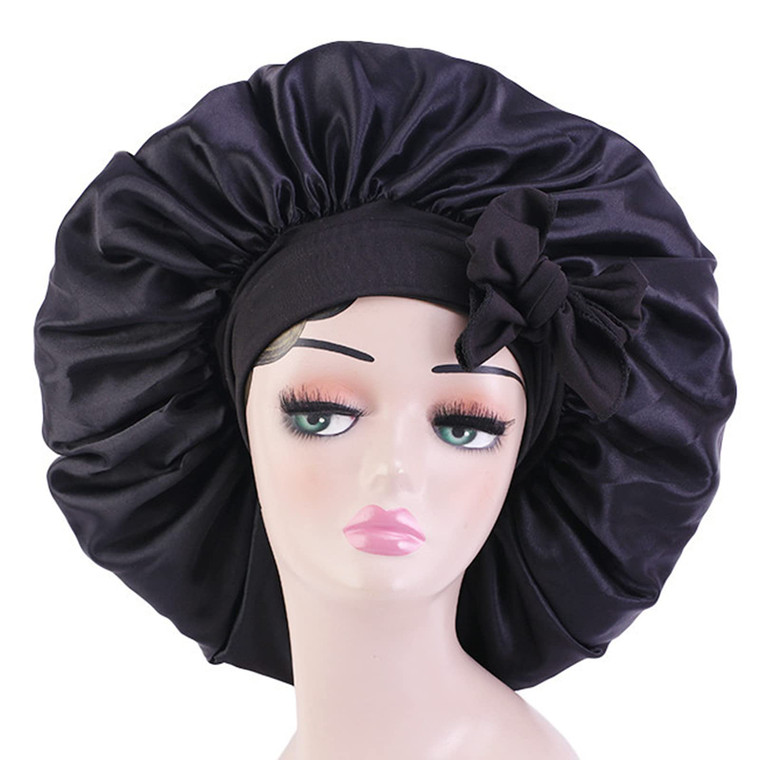 Satin Bonnet Silk for Hair Sleeping: Women Tie Bonnets Adjustable Night Cap Jumbo Size Comfortable Wide Band for Braids Curly Long Hair (Black)