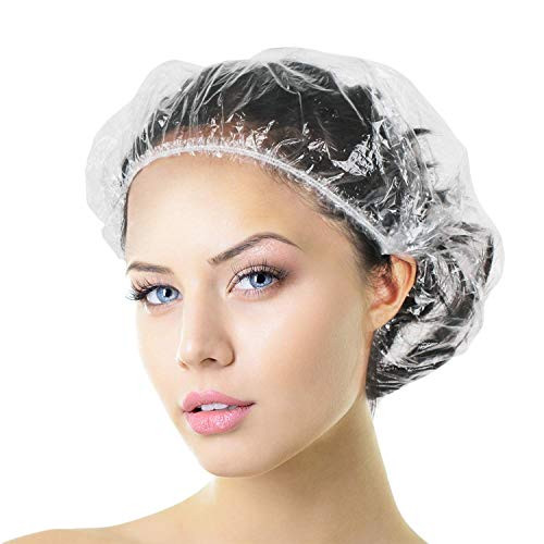 Aquior Shower Cap Disposable, 50 PCS Bath Caps Larger Thick Clear Waterproof Plastic Elastic Hair Bath Caps for Women, Hotel Travel Essentials Access