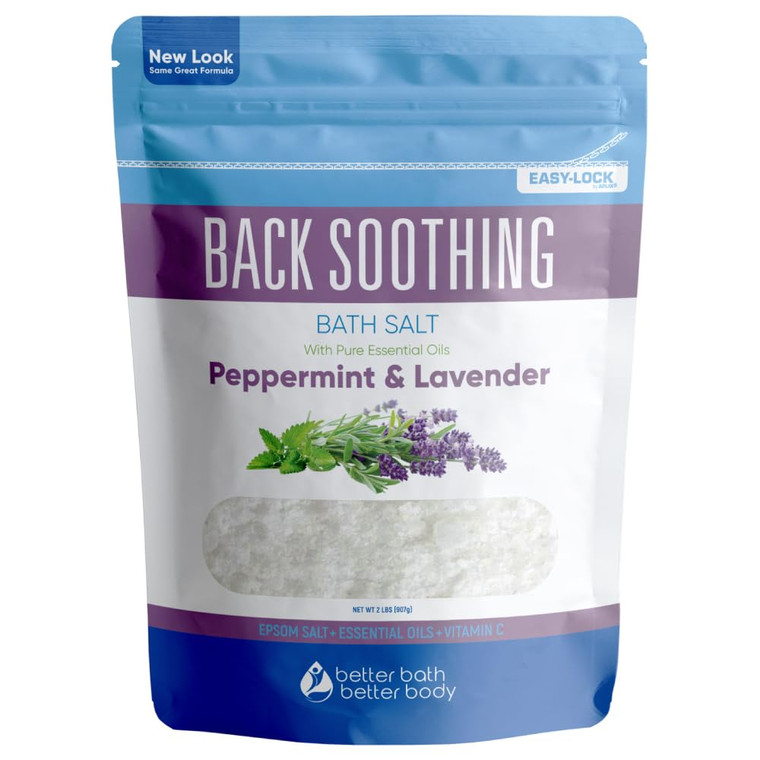 Back Soothing Bath Salt 32 Ounces Epsom Salt with Natural Bergamot, Lavender, Eucalyptus and Peppermint Essential Oils Plus Vitamin C in BPA Free Pou