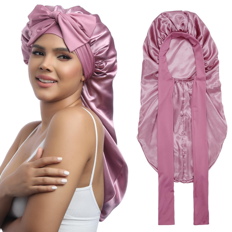 AWAYTR Long Satin Bonnet for Women - Double Layer Elastic Silk Bonnet for Braids Hair Sleeping Cap with Tie Band (Rose Gold)