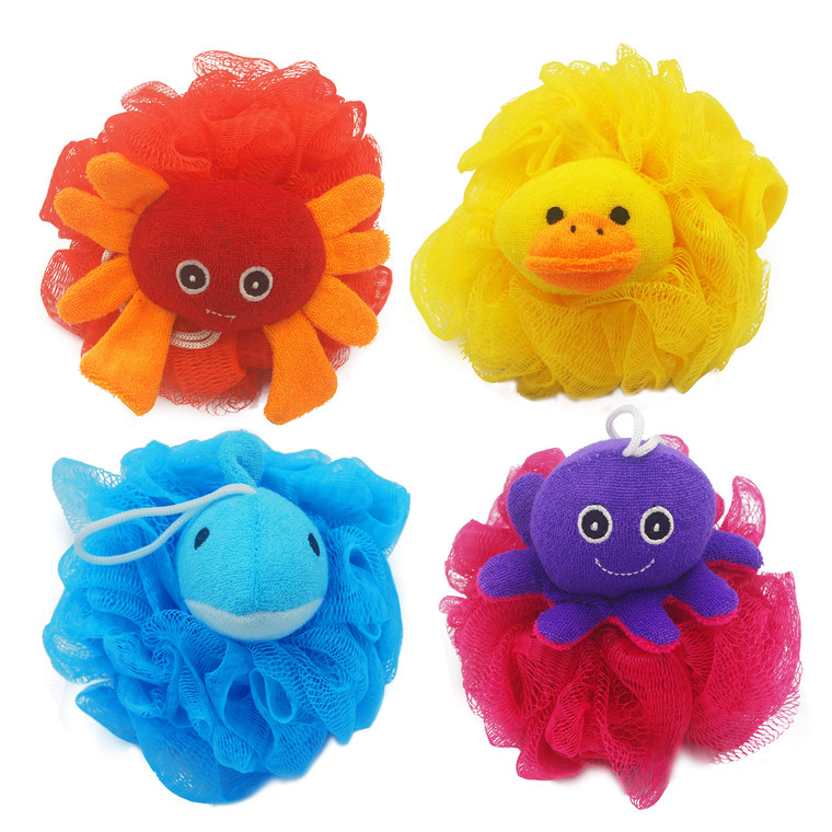 Bleu Bath (4 Pack) Lovely Animal Design Kids Exfoliating Bath Scrubber Body Scrubber Shower Ball for Baby Toddler Kids Gentle Exfoliating Bath Sponge