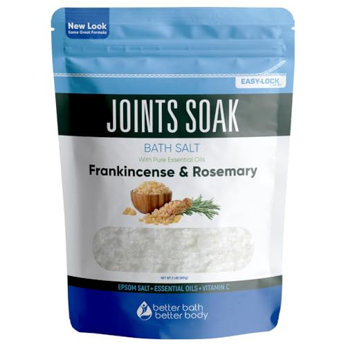 Joints Soak Bath Salt 32 Ounces Epsom Salt with Natural Rosemary, Frankincense and Peppermint Essential Oils Plus Vitamin C in BPA Free Pouch with Ea