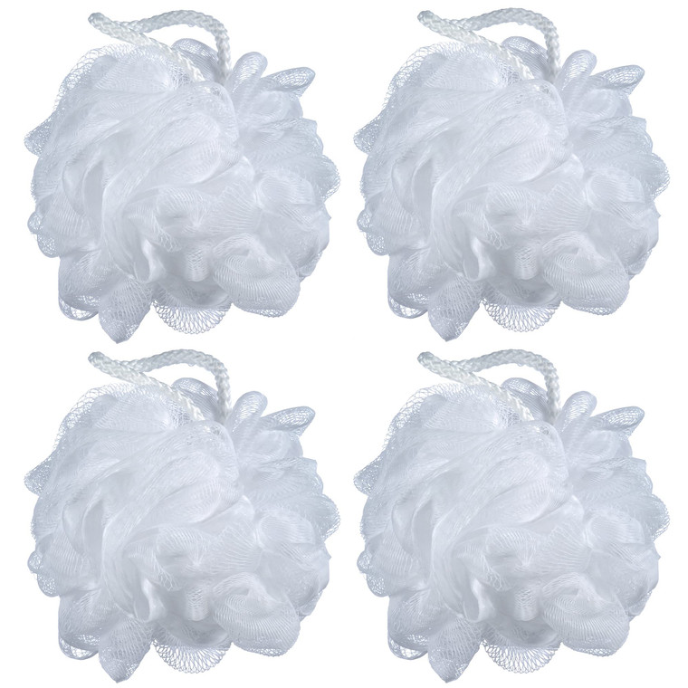 iboodi 60g/pcs White Mesh Bath Sponge Pouf Shower Loofahs Shower Puff Pack of 4 (White)