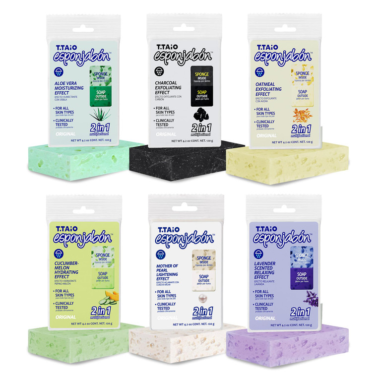 T.Taio Esponjabon Soap Sponge Variety Pack - Shower Scrubber & Bath Wash Scrub - Massage Face - Bathroom Accessories - Mother of Pearl, Aloe Vera, La