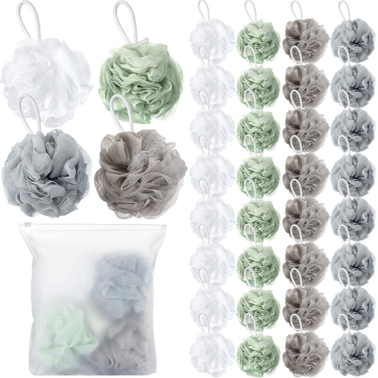 Shellwei 32 Pcs Bath Sponge Shower Loofahs Bulk 60 g Charcoal Large Mesh Puff Soft Scrubber for Men and Women Exfoliating Shower Pouf Balls with Bath