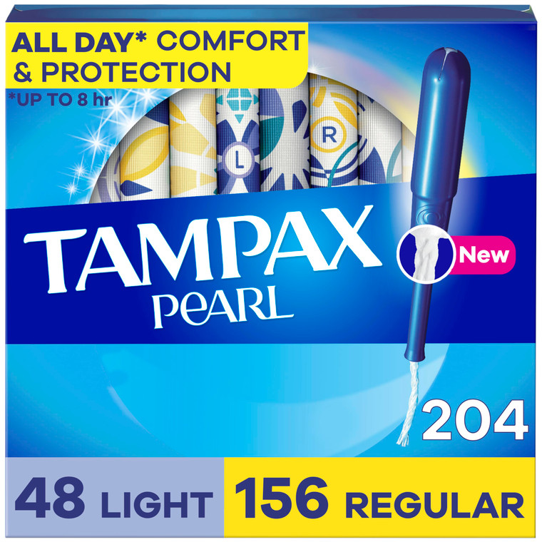 Tampax Pearl Tampons for Women Multipack, with LeakGuard Braid, Light/Regular Absorbency, Unscented, 204 Count (6 Packs of 34)