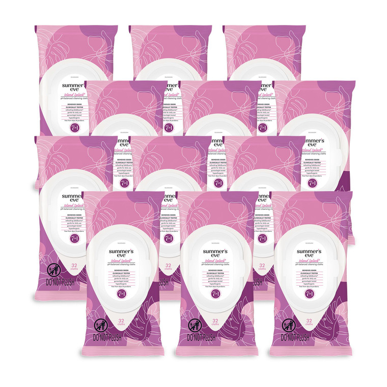 Summer's Eve Island Splash Feminine Wipes, Gentle pH-Balanced Formula Helps Control Vaginal Odor, Resealable Pack, 32 Wipes, Pack of 12