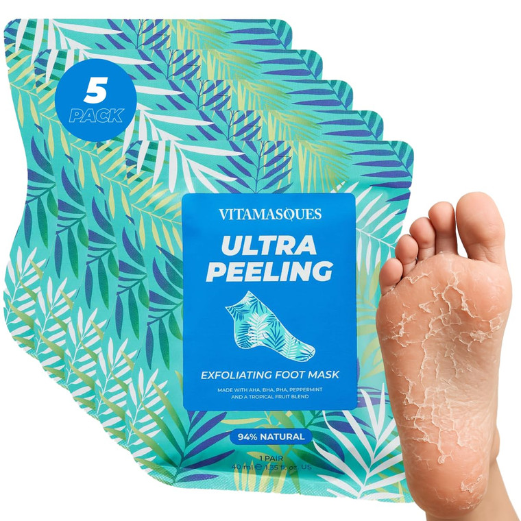 Vitamasques Foot Peeling Mask - 5 Pairs Professional Korean Exfoliating Foot Mask for Dry Cracked Feet & Callus Removal, Feet Peeling Masks that Remo