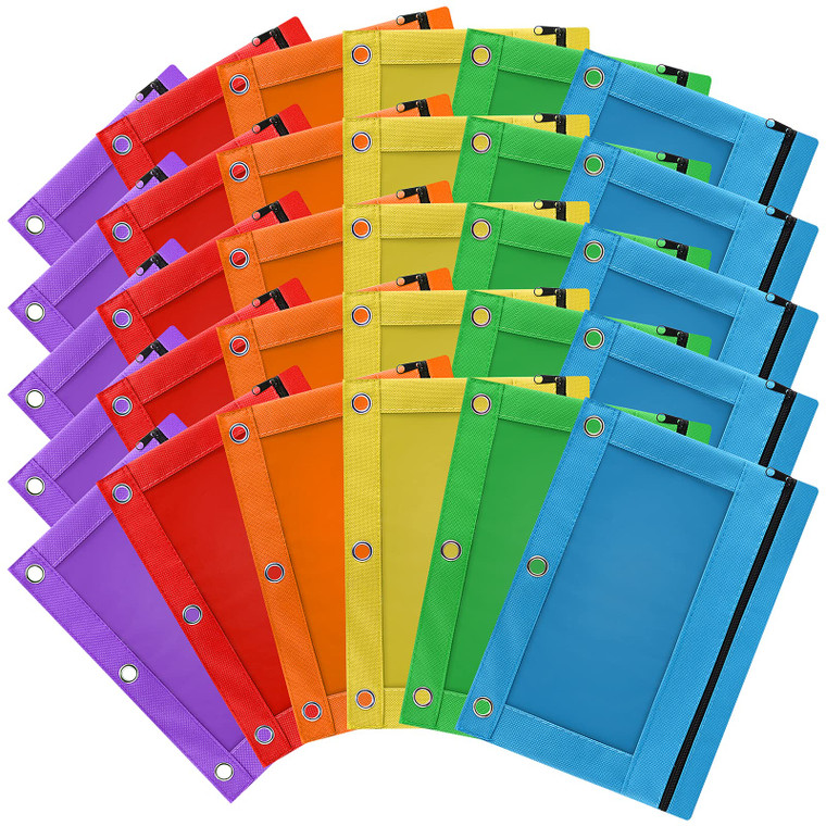 LURLIN 3-Ring Pencil Pouch, 30 Pack Bulk Zipper Pen Pouches in Assorted Colors for Office College School Supplies Cosmetics, Cloth Pencil Case for 3